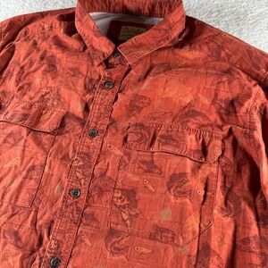 Cabela's Vented Button Up Shirt 2XL XXL Fish AOP Orange Red Pockets Short Sleeve